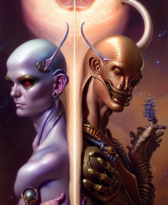 Image similar to beautiful gemini good and evil fantasy character portrait, ultra realistic, wide angle, intricate details, the fifth element artifacts, highly detailed by peter mohrbacher, hajime sorayama, wayne barlowe, boris vallejo, aaron horkey, gaston bussiere, craig mullins