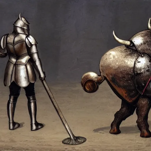 Image similar to a minotaur wearing steel plate armor and holding a mace, human dressed as a bull