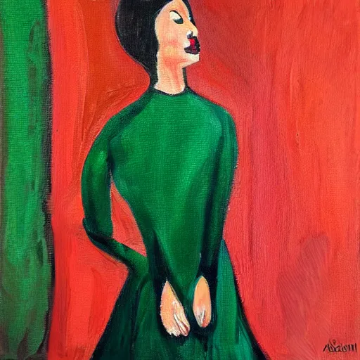 Image similar to ethereal woman in a green dress with a red sweater, painting by nicole susan