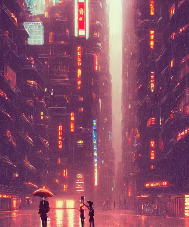 Prompt: big red robot waiting in street from paris or neo tokyo , humid ground, people and creatures walking holding neon ombrellas, volumetric light, bokeh light from top, science fiction elements like droids or computer screens, brutalist architecture, rainy mood, artstation, art by françois schuiten and moebius and pascal campion