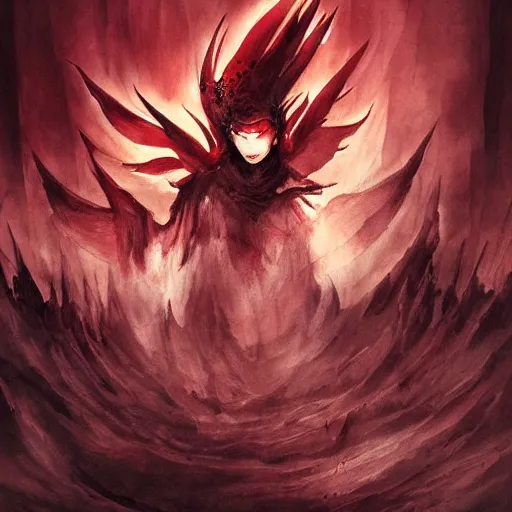 Image similar to the fall of super mad and with extrem anger lucifer in hell, oppressive and dark amotsphere with many shadows, blood and dark red highlights, dramatic horror concept art by aleksandra waliszewska and aoi ogata