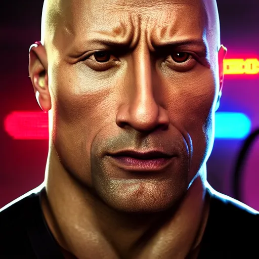 Prompt: dwayne johnson with robotic eye, cyberpunk 2 0 7 7, photorealistic, ultra detailed, neon, octane, bokeh, cinematic lighting, cyber, cyberpunk city, studio quality, feature, scars, cyberface, 8 k