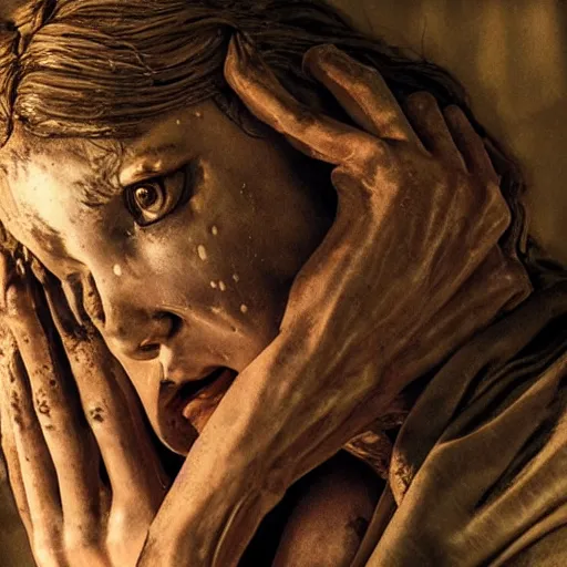 Image similar to ultra - photorealistic, movie scene from horror movie called pieta, best jumpscare scene, intricate details, sharp focus, perfect baroque like real project, symmetrical realistic, perfect face and anatomy ultra - details, 4 k, uhd, beautiful random content position, balance composition