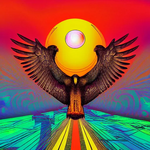 Prompt: hawk outstretched to grasp the sun, vaporwave, psychedelic, lithograph, vibrant hues, redshift render, 4k render, high detail, polished, anti-aliased, groovy