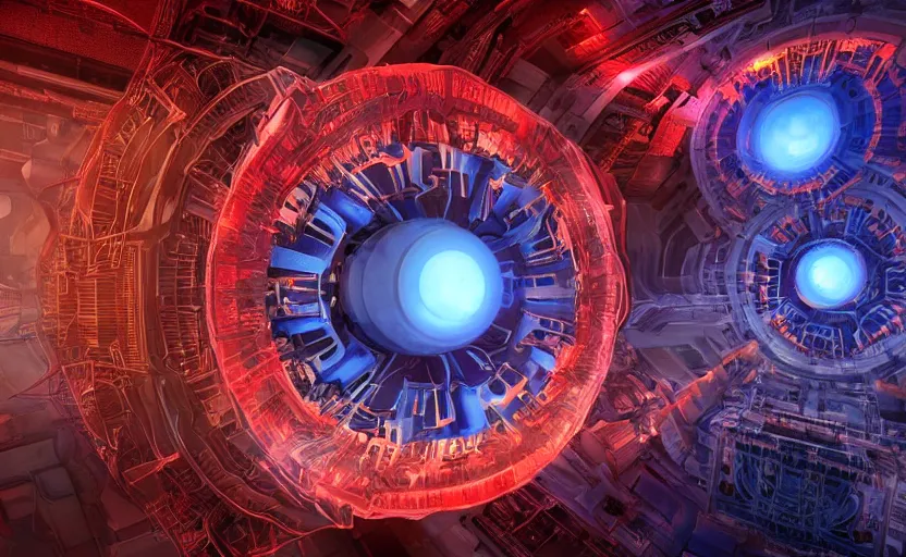 Image similar to giant Plasma fusion reactor power station, red, blue , hyperrealistic mixed media, stunning 3d render inspired art by P. Craig Russell and Barry Windsor-Smith + perfect facial symmetry + dim volumetric lighting, 8k octane beautifully detailed render, post-processing, extremely hyperdetailed, intricate futuristic mechanic parts, epic composition, grim yet sparkling atmosphere, cinematic lighting + masterpiece, trending on artstation