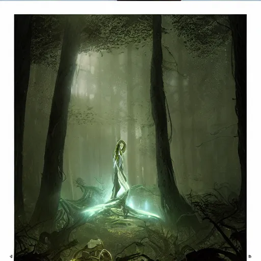 Prompt: a medium shot of a beautiful greek goddess in a bioluminescent ancient dark forest, greg rutkowski, 8 k, shallow depth of field, intricate detail, concept art,