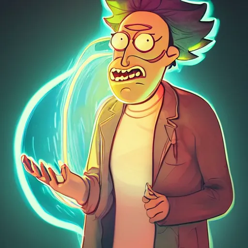 Image similar to portrait art illustration of rick sanchez from rick and morty, lab coat and tee shirt, lens flare, atmosphere, glow, detailed, intricate, full of colour, cinematic lighting, 4 k, hyperrealistic, focused, extreme details, cinematic, masterpiece