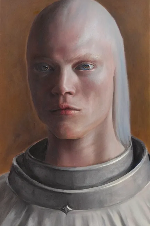 Image similar to hyperrealism oil painting, close - up portrait of albino medieval fashion model, knight, steel gradient mixed with nebula sky, in style of baroque