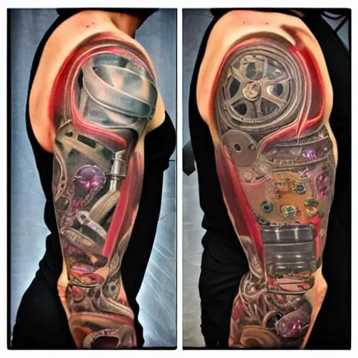 Image similar to shoulder backside bottom glute maximus with tattoo of a 3 d hole in the skin with a shiny multicolored metallic robotic mechanics and gears and tubes inside under the skin, insanely integrate,