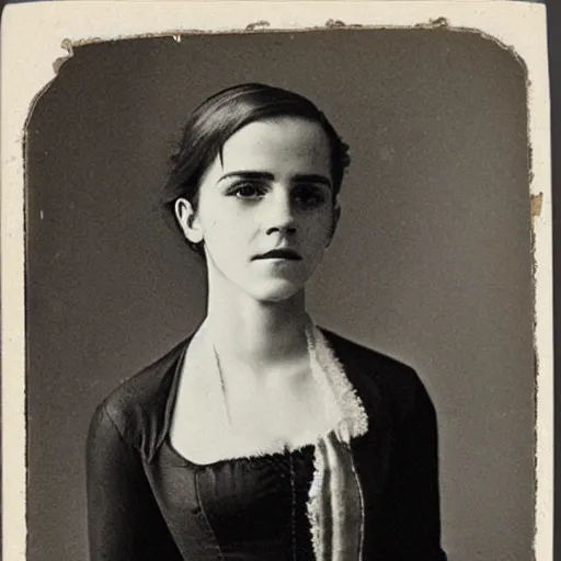 Prompt: photograph of a emma watson from the 1 7 0 0 s at london, black and white, faded yellow