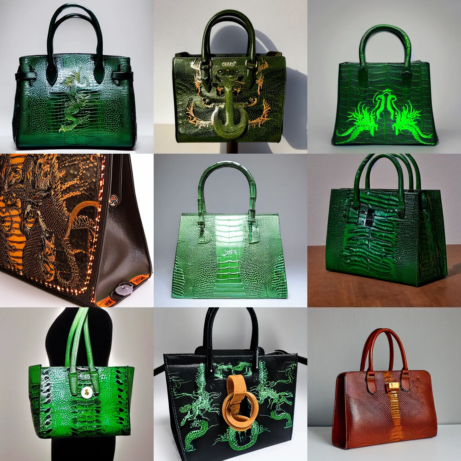 Prompt: 👜 made of 🐉 !! Product photo, backlit,