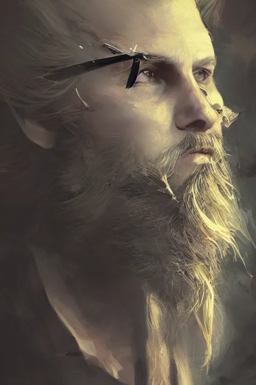 Image similar to blonde wild hair beard man, pirate eye - patch, playing guitare, close - up portrait, powerfull, intricate, elegant, volumetric lighting, scenery, digital painting, highly detailed, artstation, sharp focus, illustration, concept art, ruan jia, steve mccurry