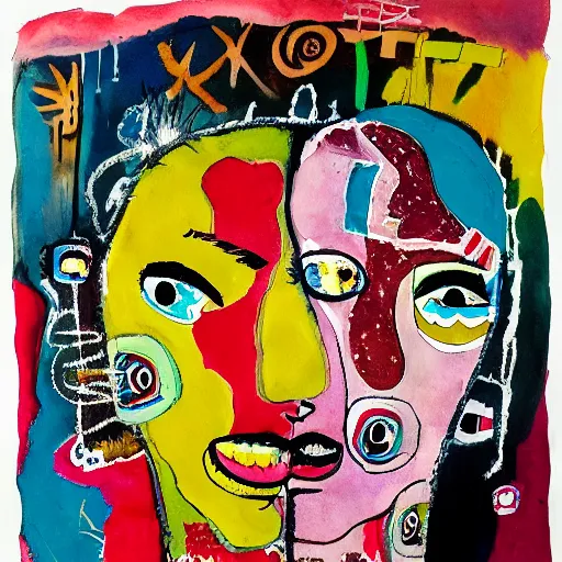 Image similar to watercolor painting of two bizarre psychedelic punk women kissing each other closeup in a vortex in japan, speculative evolution, mixed media collage by basquiat and jackson pollock, maximalist magazine collage art, sapphic art, lesbian art, chemically damaged