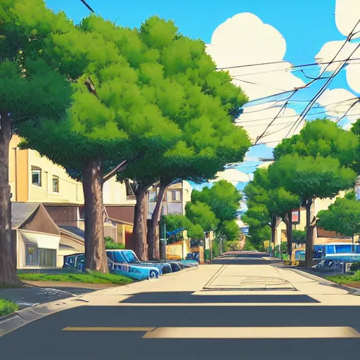 Image similar to neighborhood street, uptown street, golden hour, golden sunshine, trees over road, shining sun in distance, trees, juniper trees, oak trees, cars parked in street, long street, distance, cel - shaded, raytracing, cel - shading, toon - shading, 2 0 0 1 anime, flcl, jet set radio future, drawn by artgerm