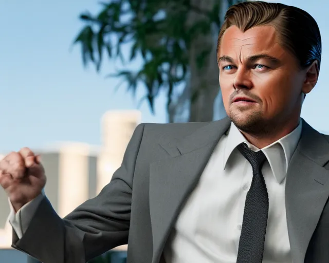 Prompt: leonardo dicaprio as the wolf of wall street, cinamtic, long shot, hyper detailed, hyper realistic face, 8 5 mm photograph, 8 k resolution, film still, sharp lens, wide lens