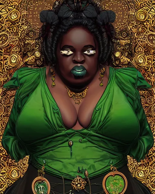 Image similar to a detailed portrait illustration of a steampunk necromancer - gambler. beautiful obese black female face, very dark skin. gorgeous green eyes. voodoo aesthetic. art nouveau, pop art, comic book style. influenced by neil gaiman, dan mumford, brian froud, kehinde wiley, killian eng, ross tran.