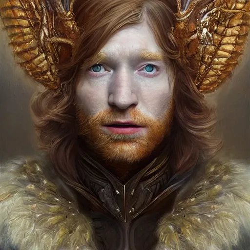 Prompt: closeup portrait shot of domhnall gleeson as king oberon, fairy wings, lord of beasts, highly detailed, digital painting, artstation, concept art, soft focus, depth of field, artgerm, tomasz alen kopera, peter mohrbacher, donato giancola, wlop, boris vallejo