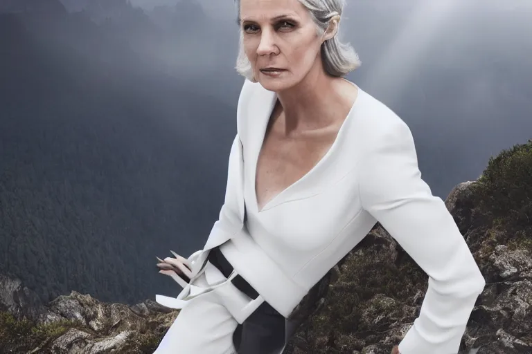 Prompt: a cinematic headshot portrait of a beautiful middle aged woman, wearing futuristic white suit on the top of a mountain, overlooking a vast serene forest, large diffused light, neon light, 4 k, ultra realistic, dramatic lighting, rain, clouds, fog, vogue, fashion, glamour, magazine spread, by marco mazzoni and jessica rossier