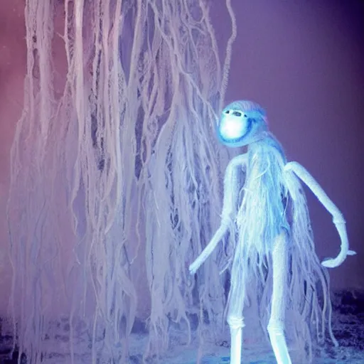 Image similar to humanoid ethereal ghostly live action muppet wraith like figure with a lightbulb jellyfish head with two very long tentacles for arms that flow gracefully at its sides while it floats around the frozen tundra searching for lost souls and that hide in the shadows in the trees, this character can control the ice, snow, shadows, and electricity, it is a real muppet by sesame street, photo realistic, real, realistic, felt, stopmotion, photography, sesame street