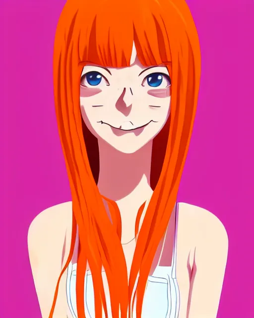 Prompt: beautiful anime girl full body Emma Stone, orange glowing hair, sarcastic smiling, clear clean face, symmetrical face, blurry background, face by Ilya Kushinov style, painterly style, flat illustration