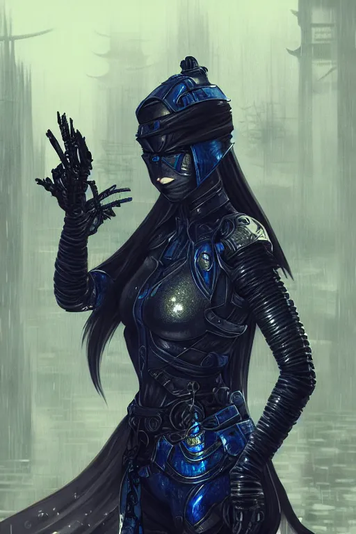 Image similar to portrait Ninja gaiden girl, armored black and blue ninja wardrobe, in ruin japanese rainny temple night, ssci-fi and fantasy, intricate and very very beautiful and elegant, highly detailed, digital painting, artstation, concept art, smooth and sharp focus, illustration, art by tian zi and WLOP and alphonse mucha