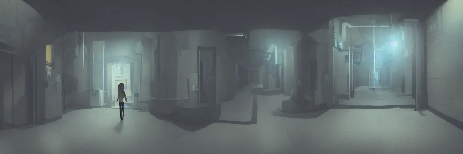 Prompt: dimly lit, theatre access corridor background, 3 doors, fish eye, rendered by Beeple, by Makoto Shinkai, flat style