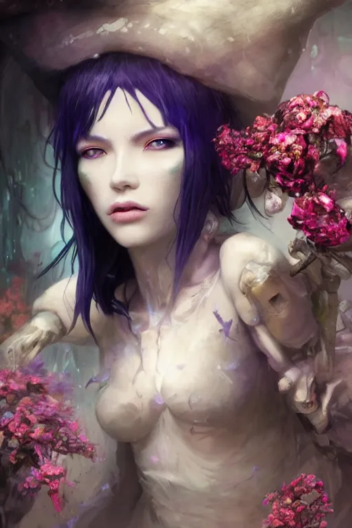 Image similar to ghost in the shell face closeup of beautiful girl necromancer, witch - doctor covered with crystals exploding into ice, 3 d render, hyper realistic detailed portrait, holding magic flowers, ruan jia, wlop. scifi, fantasy, hyper detailed, octane render, concept art, peter mohrbacher