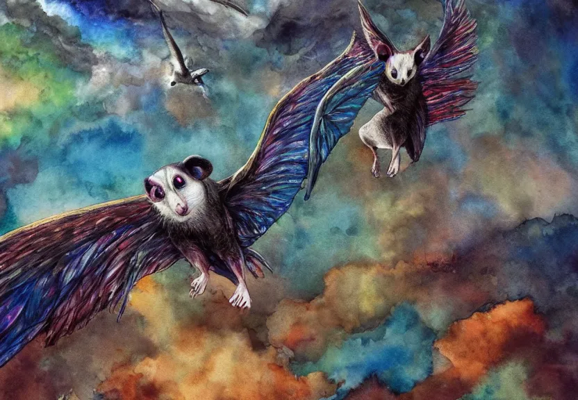 Image similar to legendary colorful winged possum flying over a medieval castle under a dark starred sky, dark fantasy, watercolor, dreaming illusion, highly detailed, 4k, trending on Artstation, award-winning