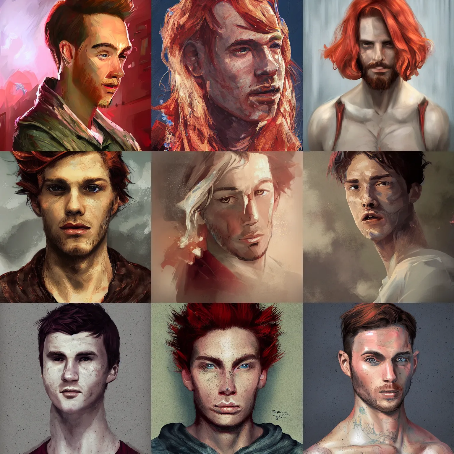 Prompt: portrait of a young man with red hair and abundant freckles and a big noise and a stockier build, intricate, elegant, highly detailed, digital painting, artstation, concept art, sharp focus, illustration