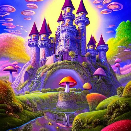 Image similar to mushroom castle, ultra detailed painting at 1 6 k resolution and epic visuals. epically beautiful image. amazing effect, image looks crazily crisp as far as it's visual fidelity goes, absolutely outstanding. vivid clarity. ultra. iridescent. mind - breaking. mega - beautiful pencil shadowing. beautiful face. ultra high definition, range murata and artgerm