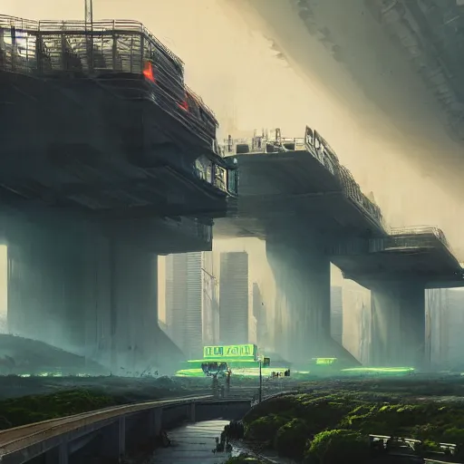 Prompt: future city made from bright concrete and steel, metropolis, brutalist, waterways, waterfalls, dramatic clouds, neon green lava streets, god rays, digital art, landscape, fantasy art, octane render, pop art, ureal engine, high detail, very realistic, by greg rutkowski. by simon stalenhag