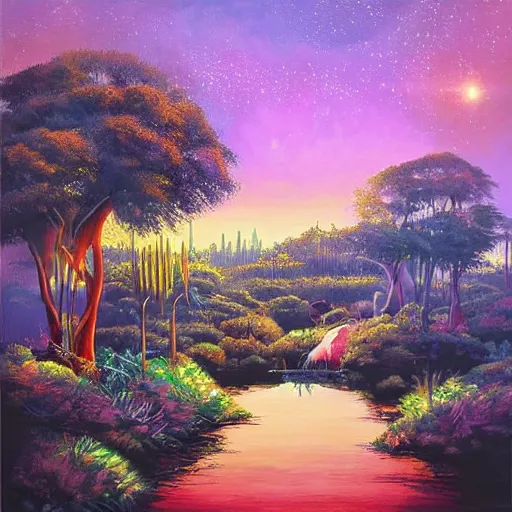 Image similar to Beautiful city of the far future in harmony with nature. Nice colour scheme, soft warm colour. Beautiful painting by Lurid. (2022)