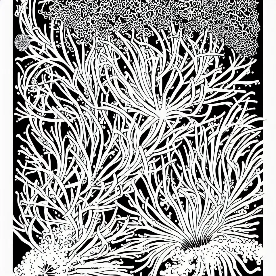 Image similar to simple yet detailed illustration of a coral anemone botanical print, use of negative space mandatory, artwork created by mike mignola and banksy in the style of a cartoon and tattoo stencil, colorful ink illustration, no shadings, color vector format only, smooth curves