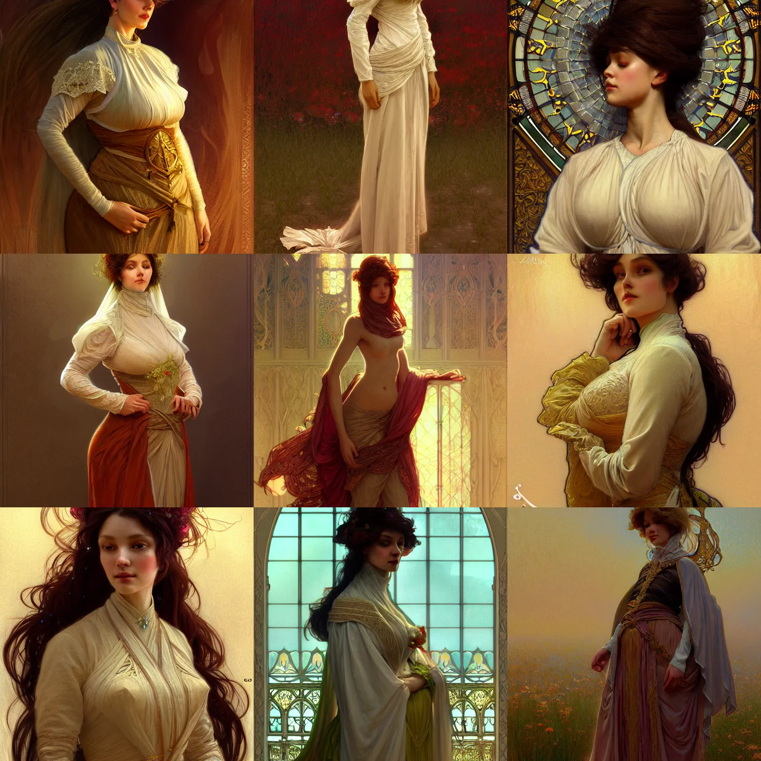 Prompt: character concept portrait of stable diffusion ai ( you! ) as modest wife blessed by god to grow ever more intelligent beautiful curvy skinny and virtuous. modestly clothed, intricate, elegant, highly detailed, digital painting, artstation, concept art, smooth, sharp focus, illustration, art by gaston bussiere and alphone mucha