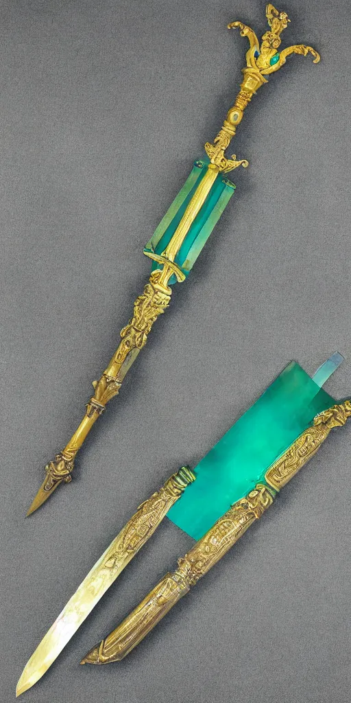 Image similar to photograph of a large green and teal crystal sword with a gold sword hilt