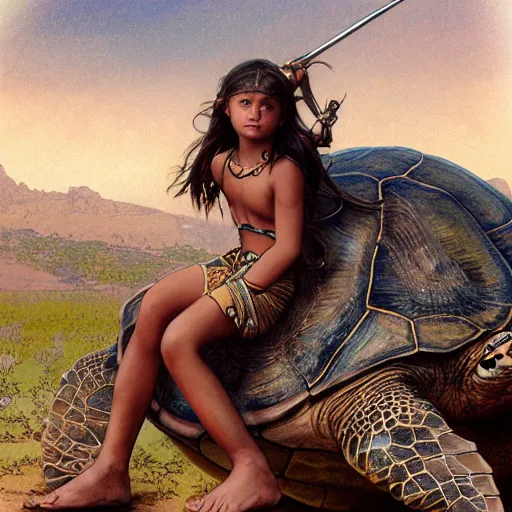 Image similar to a little warrior girl sitting on top of a giant turtle that is walking in the desert, seen from a distance. the girl is fully visible and has dark skin and beautiful green eyes, realistic full body and a very beautiful detailed face with long black hair. diffuse light, dramatic sky and landscape, fantasy illustration by mucha h 7 6 8