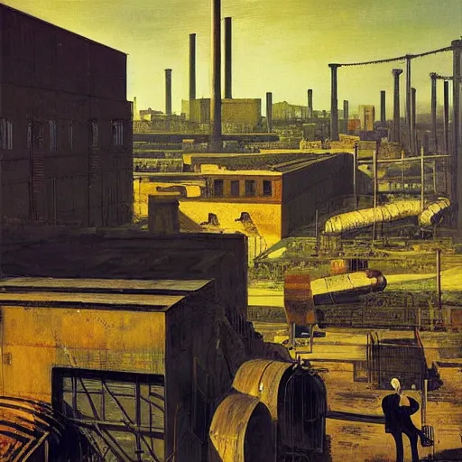 Image similar to steel factory yard giorgio de chirico graham sutherland greg rutkowski odd nerdrum simon stalenhag