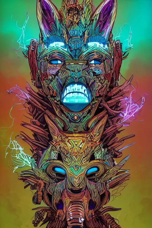 Image similar to totem animal tribal chaman vodoo mask feather gemstone plant wood rock video game illustration vivid color borderlands by josan gonzales and dan mumford radiating a glowing aura