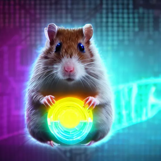 Image similar to cyberpunk hamster! holding rainbow! gem! crystal, neon lights, light reflection, 8 k, hd