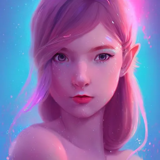 Image similar to girl portrait, elven princess, head and shoulders, matte print, pastel pink, neon highlights, digital art, cute freckles, digital painting, fan art, elegant, pixiv, by Ilya Kuvshinov, daily deviation, IAMAG