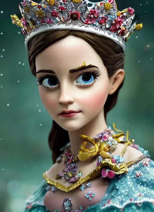 Prompt: closeup face profile portrait of tin toy emma watson as a fairytale princess wearing a crown eating cakes, bikini, depth of field, zeiss lens, detailed, symmetrical, centered, fashion photoshoot, by nicoletta ceccoli, mark ryden, lostfish, breathtaking, 8 k resolution, extremely detailed, beautiful, establishing shot, artistic, hyperrealistic, octane render