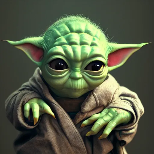 Image similar to portrait of baby yoda as a middle-aged man, au naturel, hyper detailed, digital art, trending on artstation, cinematic lighting, studio quality, smooth render, unreal engine 5 rendered, octane rendered, art style by klimt and nixeu and ian sprigger and wlop and krenz cushart