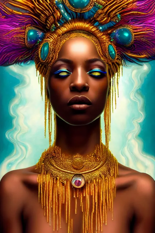 Prompt: hyperrealistic post - symbolist cinematic very beautiful! oshun goddess with white eyes, yoruba body paint, dripping mirror droplet jewerly, gold flowers, highly detailed digital art masterpiece, smooth etienne sandorfi eric zener dramatic pearlescent soft teal light, ground angle uhd 8 k, sharp focus