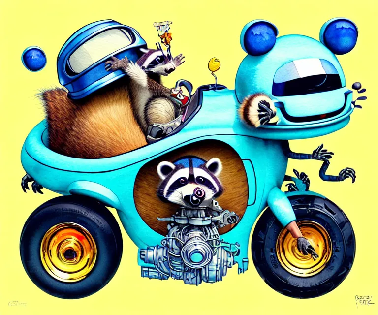Image similar to cute and funny, racoon wearing a helmet riding in a tiny hot rod with oversized engine, ratfink style by ed roth, centered award winning watercolor pen illustration, isometric illustration by chihiro iwasaki, edited by beeple, tiny details by artgerm and beeple, symmetrically isometrically centered