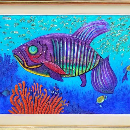 Prompt: a scuba diver discovering a prehistoric fish made of shining gems, rich vivid colors, vibrant, oil pastel painting, highly detailed, award winning