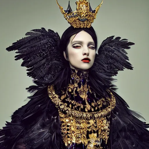 Image similar to a hyperrealistic high fashion portrait of a fierce proud queen of ravens, in a black dress with a collar made of iridescent feathers and golden adornments, photorealistic, intricate details, by zhang jingna and soey milk and amir ershadi and anja millen