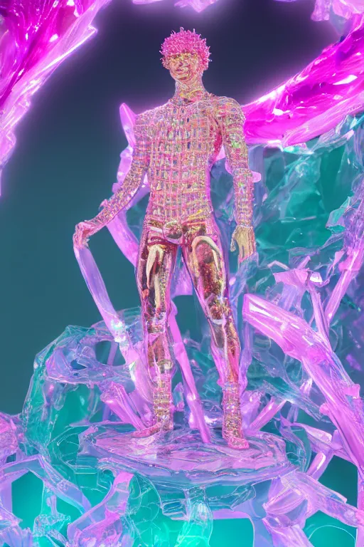 Prompt: hyper detailed ultra sharp fullbody photo of baroque and cyberpunk transparent pink gem sculpture of a muscular seductive young latino feeling muy cachondo, muy dotado, iridescent humanoid deity wearing ed plastic seethrough cloak, holding a rainbow tiger gem, blue diamond, glowing pink face, crown of white diamonds, cinematic lighting, photorealistic, octane render 8 k