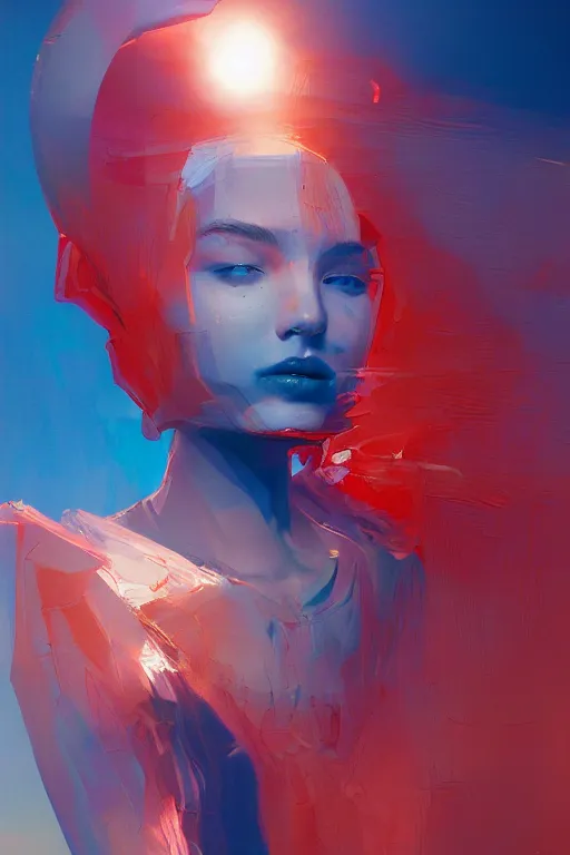 Image similar to 3 d, sci - fi, sunrise, sleepy fashion model face, happy blue faces, sun, cinematic, vogue cover style, poster art, light red and deep blue mood, realistic painting, intricate oil painting, high detail, figurative art, multiple exposure, poster art, 3 d, by tooth wu and wlop and beeple and greg rutkowski