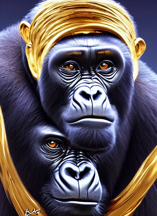 Image similar to dreamlike stunning gorillas god portrait, gold kimono, art by artgerm, wlop, loish, ilya kuvshinov, 8 k realistic, hyperdetailed, beautiful lighting, detailed background, depth of field, symmetrical face, frostbite 3 engine, cryengine,