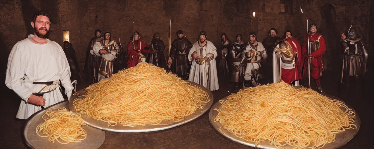 Image similar to knights protecting a giant mound of spaghetti, in a medieval castle, canon 5 0 mm, super detailed face, facial expression, cinematic lighting, photography, retro, film, kodachrome